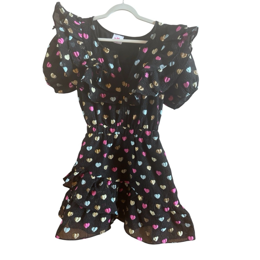 BuddyLove Norma Ruffle Black Mini Dress Sz Medium Metallic Heart Pattern Witchy‎